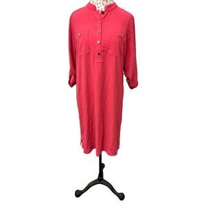 💕 Liz Claiborne Hot Pink Button-Front Shift Dress – Size 12 ong Sleeve Office